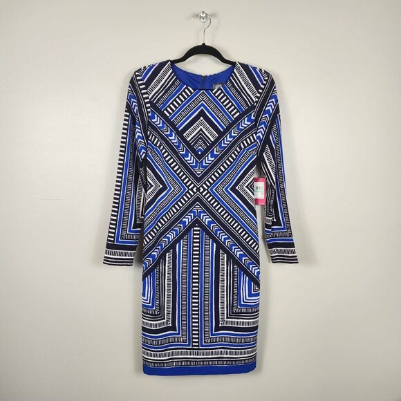 Vince Camuto Dresses & Skirts - VINCE CAMUTO | Chevron Print Dress Size 8 Blue Midi Long-Sleeve Stretch Office